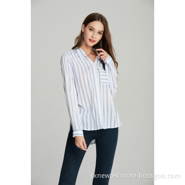 ladies woven printed blue stripe shirt blouse